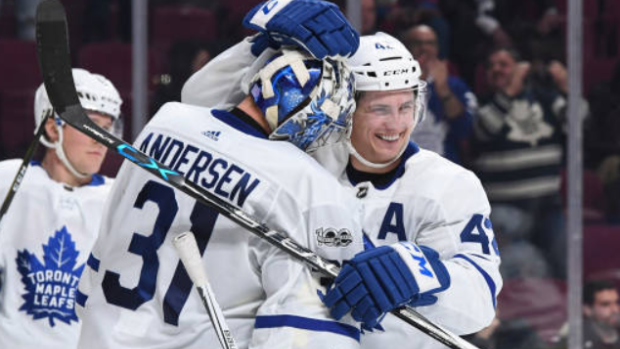 Frederik Andersen celebrates the Toronto Maple Leafs' 6-0 win over the Montreal Canadiens.