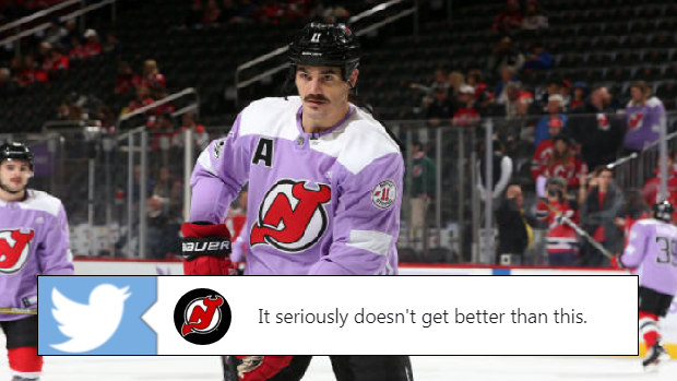 Brian Boyle in warm-ups ahead of the Devils' home game against the Canucks.