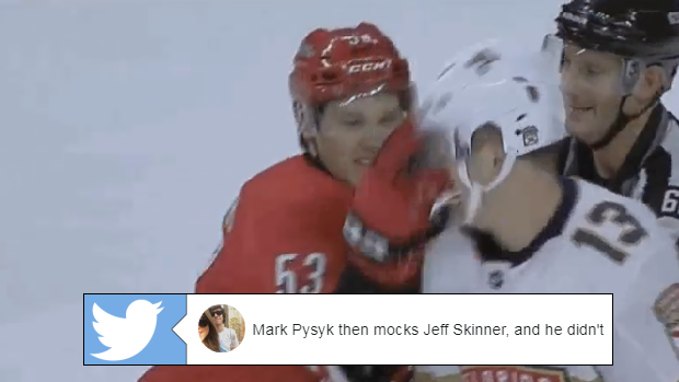 Jeff Skinner face washes Mark Pysyk after the whistle.