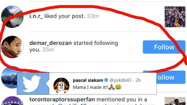 DeMar DeRozan follows Pascal Siakam on Instagram