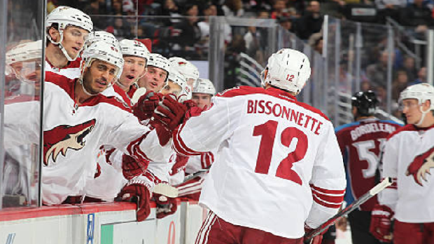 Paul Bissonnette scores a goal during the 2013-14 NHL season.