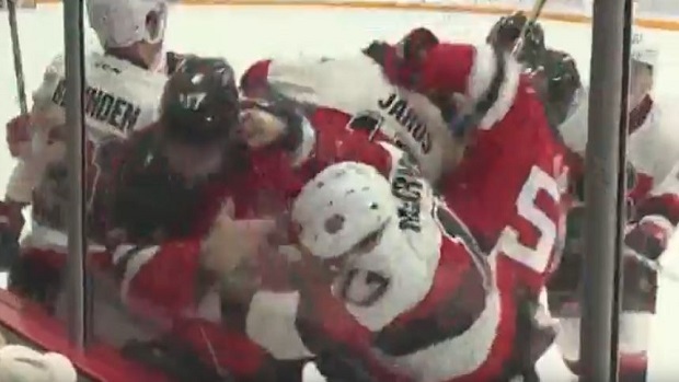 Binghamton Devils and Belleville Senators brawl