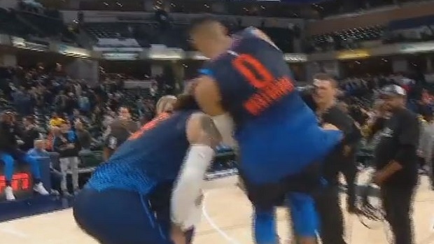 Russell Westbrook catches Steven Adams with the RKO outta nowhere