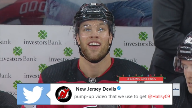 Taylor Hall gets excited after viewing a Ric Flair montage in Devils' game against the Rangers.