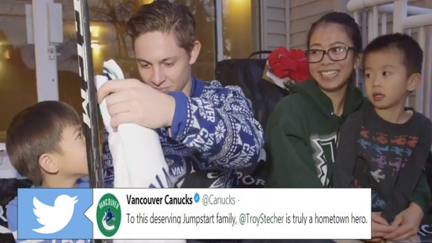 Troy Stecher surprises a family with new hockey equipment