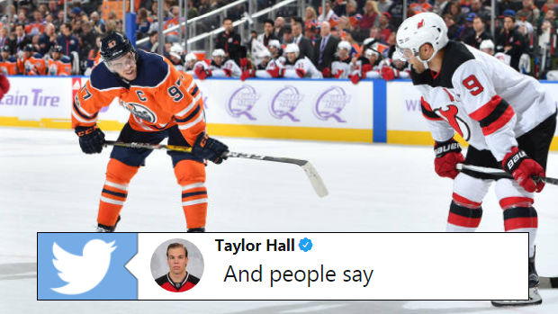 Edmonton Oilers forward Connor McDavid (left) and New Jersey Devils forward Taylor Hall (right).