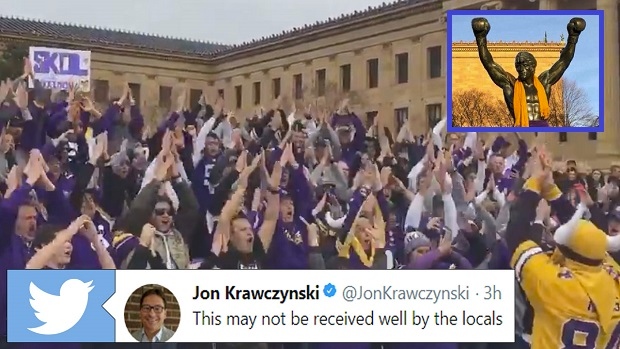 Traveling Vikings fans invaded the Rocky Steps and gave the Rocky statue a  Minnesota makeover - Article - Bardown