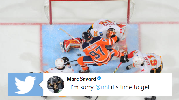 Connor McDavid is called for goaltender interference against the Calgary Flames.
