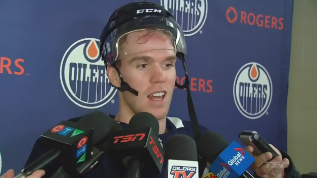 Edmonton Oilers captain Connor McDavid answers questions following practice.